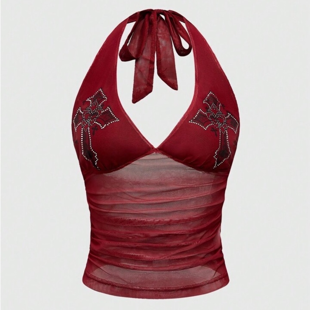 Burgundy Halter Top with Rhinestone Cross Design